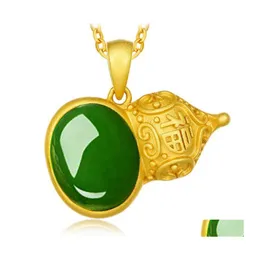 Anhänger Halsketten Natürliche Jade Jaspis Kürbis Halskette Chinesischen Stil Retro Einzigartige Antike Gold Handwerk Charme Damen Luxus Schmuck San Y Dhqha