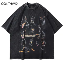 Herr t-shirts överdimensionerade nödställda t shirts hip hop vintage doberman hund tryck punk rock gothic tshirt streetwear harajuku casual t-shirt 230206