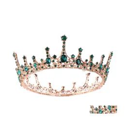 H￥rkl￤mmor Barrettes Vintage Barock Green Crystal Round Queen Crown Wedding Tiara Bridal Diadem Gold Color Headpiece Dress Access DH89H