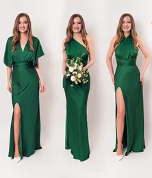 Emerald Green Long Cabriolet Bridesmaid Dress Mermaid Side Split Silk Satin Wedding Gästklänningar Enkla eleganta kvinnor Prom Party Dresses Special Occasion