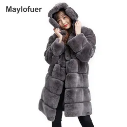 FUEX FULEX Maylofuer de alta qualidade Pelt Real Rex Coat Women para o inverno com casacos quentes de algodão genuíno com capuz