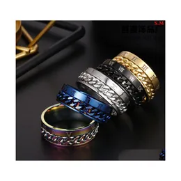 Cluster Rings Luxury Roman Numerals Spinner Chain Men Ring Fashion 8Mm Width Mticolor Stainless Steel For Jewelry Gift Drop Delivery Dhklh