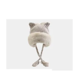 Beanie/Skull Caps Winter Warm Womens Sticked Hat Sweet Lovely Ear Cap fl￤tan Faux P￤ls fleece Plush Cotton Hatts Drop Delivery Fashion Dh1Uy
