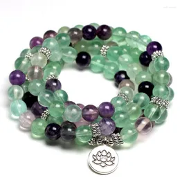 Fili di perline Braccialetti curativi per donne e uomini Fluorite naturale 8MM Bracciale per meditazione yoga Mala 108 perline Japa Lotus Rodn22