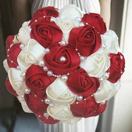 装飾的な花の花輪1PC/ロットレッドとクリームウェディングブライダルブーケ人工泡ブーケロマンチックな花嫁を保持しているフラワーデコリー