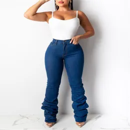 Women's Jeans Women Scrunchy Blue Heap Pleated Autumn Winter Fashion Styles High Waist Pockets Skinny Denim Pants Plus Size 2XL