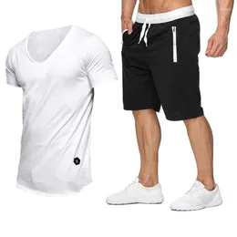 Männer T Shirts Männer Mode Zwei Stücke Sets Slim Fit V-ausschnitt Shorts Anzug Sommer Tops Tees Straße T-shirt Kleidung