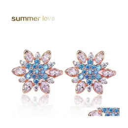 Stud Rose Gold Sier Color Romantic Snowflake Flower Blue Crystals Clear CZ Earrings for Women Boho Wedding Jewelry Exquisite Lady Dr DHVCJ