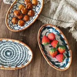 Plates Handwoven Rattan Storage Tray With Ceramic Bread Basket Plate Fruit Cake Dessert Platter Dinner Serving Organizer Tool
