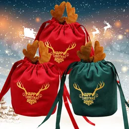 Gift Wrap 1020Pcs Christmas Bags Velvet Drawstring Presents Elk Antlers Reindeer Packing for Xmas Party Favor Wrapping Decor 230206