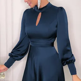 Lässige Kleider Marine Blue Satin Imitation Seide Sexy Chic Slim Party Kleid Herbst Langarm Elegante Outfits für Frauen 2023 Drop Nr. 362