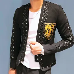 Men's Suits Blazers Night Show Men Korean Fashion Stylist Blazer Slim Fit Badge Embroidered Trendy Jacket Collarless High Quality Lace Suit Male 230206