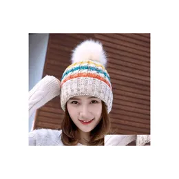 Beanie/Skull Caps Autumn Winter Womens Knit Hat Wool Ball Fleece Beanies Cap Lady Knitted Warm Crochet Hats Drop Delivery Fashion Ac Dhxou