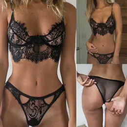 Set sexy da donna Intimo di pizzo Ladies Scava fuori Lingerie Body nero Reggiseno trasparente Mutandine Mini babydoll Reggiseno perizoma Y2302