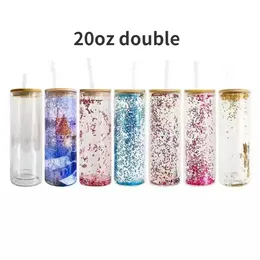 Bicchieri dritti preforati da 20 once con globo di neve glitterato bicchiere di vetro dritto a doppia parete per stampa a sublimazione tt0206