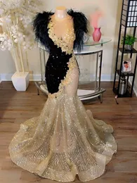 Schwarz Und Gold Prom Kleid 2023 Pailletten Meerjungfrau Federn Abend Party Kleider Für Frauen Vestidos De Ocasion Formales