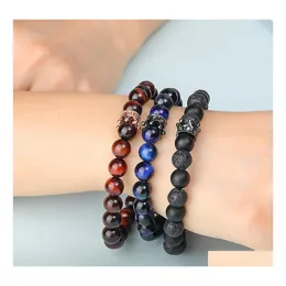 Beaded Strands Est Lava Beaded Bracelet Women Men Fashion Crown Charm Tiger Eyes Agate Natural Stone Healing Ncing 8Mm Beads Bracel Dhsgl