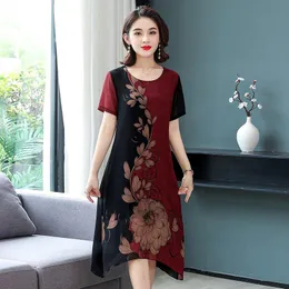 Casual Dresses Women Middle-aged Mother Dress Summer Print Flower Chiffon Loose Ladies Vacation DressesCasual