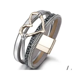 Charm Armbänder Modeschmuck Pu-Leder für Frauen Handgewebte ausgehöhlte Herz Mtilayer Magnetische Schnalle Armband Drop Lieferung Dhvcp