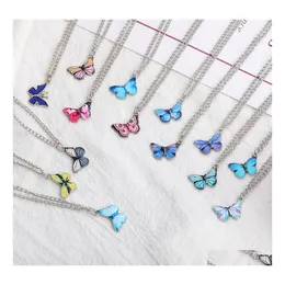 Pendant Necklaces Colorf Blue Butterfly Metal Necklace For Women Trendy Simple Wild Dangle Vintage Clavicle Chain Jewelry Gift Drop Dhcsg