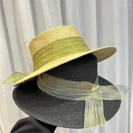 Breda brim hattar sommar vete strå hatt kvinnor sol strand båt damer vår bowknot band panama semester sombreros fedora hatwide oliv22