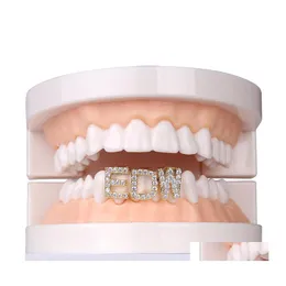 Grillz Dental Grills Gold Sier Color 아이스 아웃 AZ 사용자 정의 문자 Grillz FL 다이아몬드 치아 캡 힙합 입구 127 Drop Deli Dhgeo