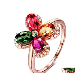 Pierścienie opaski Rose Gold Regulowane dla kobiet biżuteria ametyst rubinowy szlachetki kryształy hurtowa roślina proszkowa Fourleaf Clover Pierścień kropla d dhxd7