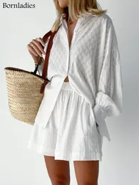 Calças de duas peças femininas nascidas no verão branco elegante jacquard tecido de férias macias terras de mangas compridas e 230204