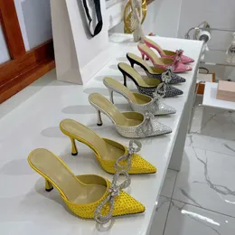 Womens High Heeled Rhinestone Bow Slippers Satin Fashion Stiletto Shoes Designer Sexiga sandaler 9,5 cm High Heeled Summer Classic v￥r storlek 35-42 med l￥da