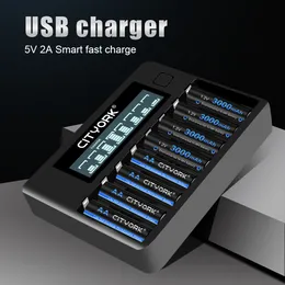 شحنات الهاتف الخليوي Cityoork 8 فتحات شاحن ذكي AA AAA لشاحن بطارية 1.2V AAAAA I-MH NI-CD Battery 2A 3A FAST USB Charger 230206