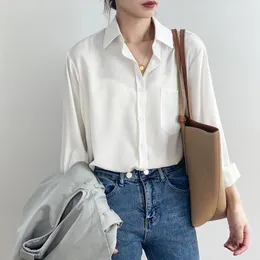 Kvinnor BLOUSES 2023 Autumn White Black Blue Shirt Women's Korean Chic Solid Color Simple Long Sleeve Lapel Vintage Top Blouse Cardigan