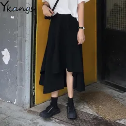 Röcke 2023 Sommer Frauen Schwarz Unregelmäßige Midi Rock Weibliche Vintage Gothic Asymmetrische Lange Plissee Mädchen Party Club Streetwear