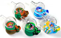 Silikon-Wasserpfeife Rauchzubehör mit Glasschale, Glasabdeckung, bunten Perlen, Tabak-Kräuterpfeifen, Öl-Dab-Rigs