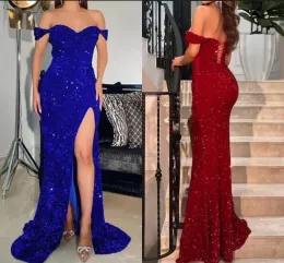 Sexy Burgundy Royal Blue Red Prom Dresses Off Shoulder Mermaid High Thigh Split Blingbling Sequined Evening Gowns BC15096