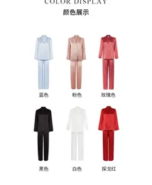 Women Sleep Lounge Household Clothing Luxury Silk Pajamas Set Solid Color Pants Long Sleeves