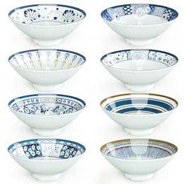 Miski Melamine Servies zastawa stołowa ramen Udon Instant Makaron Sałatka zupa sałatka japońska niebieska biała nadruk duża miska 9 cali owocowa