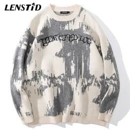 Herrtröjor Lenstid män hiphop stickad jumper brev broderi tryck streetwear harajuku höst hipster casual lösa tröjor 230206