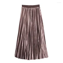 Skirts PERHAPS U Black Brown Silver Green Elastic Waist Midi Velvet Skirt Pleated Ruched Solid Winter Autumn Casual S0194