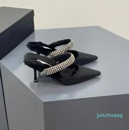 Terlik est Sonbahar Kadın Ayakkabıları Kare Toe Kristal Peluş Süper Yüksek Topuklu Sığ Tasarımcı Keden Heel Chaussure Femme 97