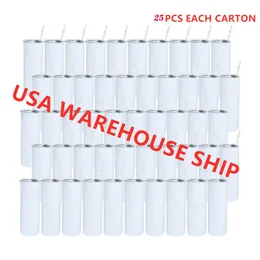 USA warehouse 20oz sublimation blank skinny tumbler sublimatable stainless Steel slim tumblers with clear straw Straight Tumbler Rubber Bottom Metal Straws