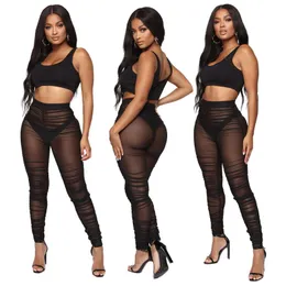 Women's Pants & Capris Cutubly Sheer Mesh Sexy See Through Black Pleated Trouser Leggings High Waist Beach Transparent Slim Fit Clothes Pant