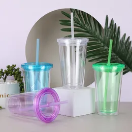5 colori da 450 ml di tazze di plastica Tumbler trasparente estate riutilizzabile a freddo tazza di succo di caffè con coperchio e paglia