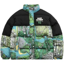 Kurtki mężczyzn zimowy ciepły płaszcz Patchwork Vintage Mapa Farba cyfrowa harajuku chleb oversize męski odzież parka 230207