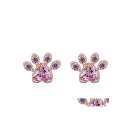 Stud Sier ￶rh￤nge S￶t hj￤rtkatt Paw White Zircon ￶rh￤ngen f￶r kvinnor Animal Footprint Crystal Stone Wedding Jewelry Drop Delivery Dhtgw