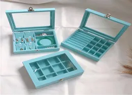 Small Velvet Lake blue Carrying Case with Glass Cover Jewelry Ring Display Box Tray Holder Storage Organizer Earrings 2111057268682