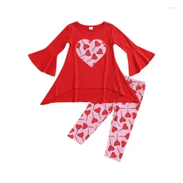 Kleidungssets 2023 Valentina's Gift Langarm-Pullover mit Herzmuster, Oberteile, Hose, Leggings, 2-teiliges Outfit für Mädchen
