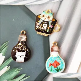 Charms 10st Fangle Cartoon Printed Cup Cat BB Fish Metal Pendants Oil Drop Gold Tone Emamel Diy Earring Jewelry Accessory Delivery DHT7V