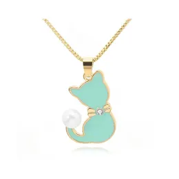 Pendant Necklaces 1Pc Ladies Enamel Cat Drops Oil Zircon Pearl Color Tail Necklace Animal Puppy Dog Cartoon Pets Pussy Jewelry 825 R Dhpqu