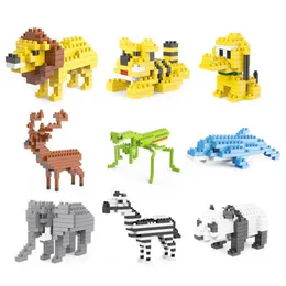 Blokkeert Micro Mini Animals Lion Panda Tiger Elephant Whale Model Building Classic Blocks Kits Diy Creative Bricks Kids Toys Children Set W230207 0208