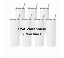 24 horas de envío US Warehouse 20 oz Sublimación en blanco Topes tazas rectas con pajitas de tapa Tazas de viaje de acero inoxidable
